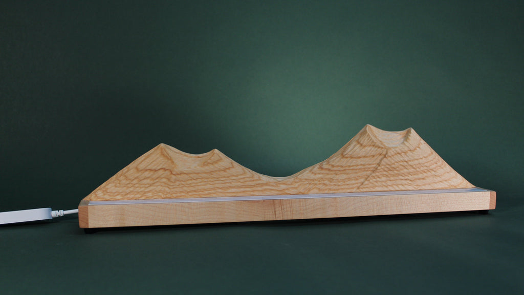 Wood carved mountain range lamp with lighting turned off